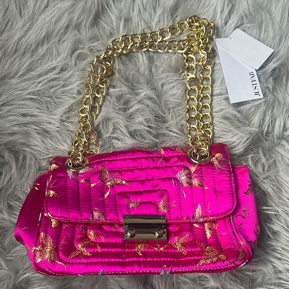 JustFab Pink and Gold Quilted Shoulder Bag with Chain Strap